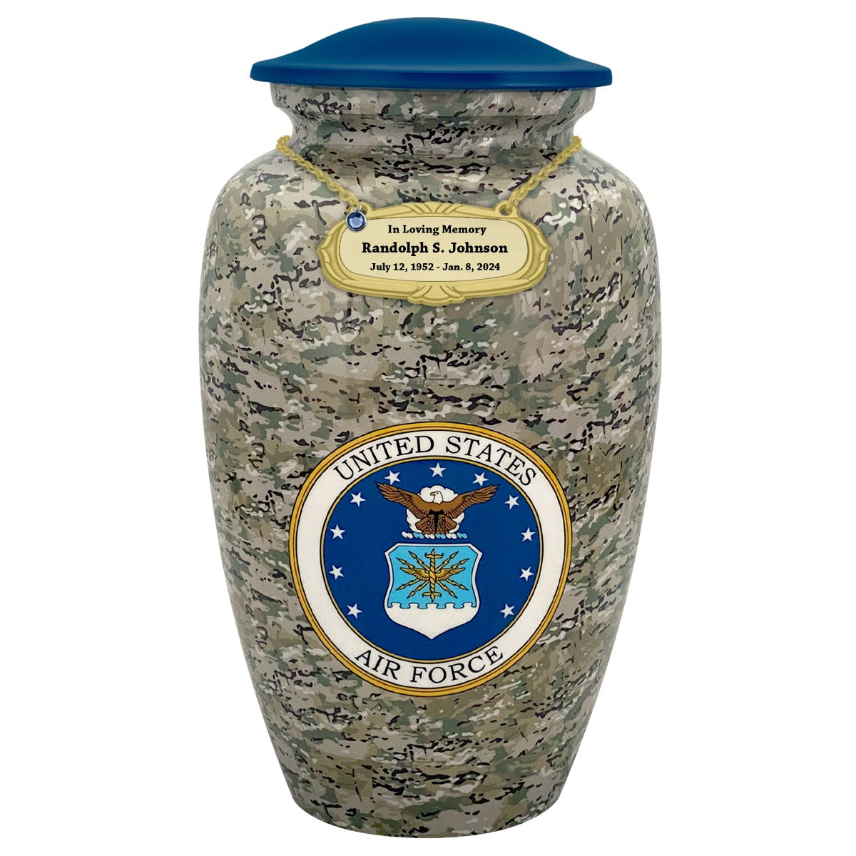 US Air Force Camouflage Cremation Urn - Tribute Wreath™ Option - Pro Sand Carved Engraving