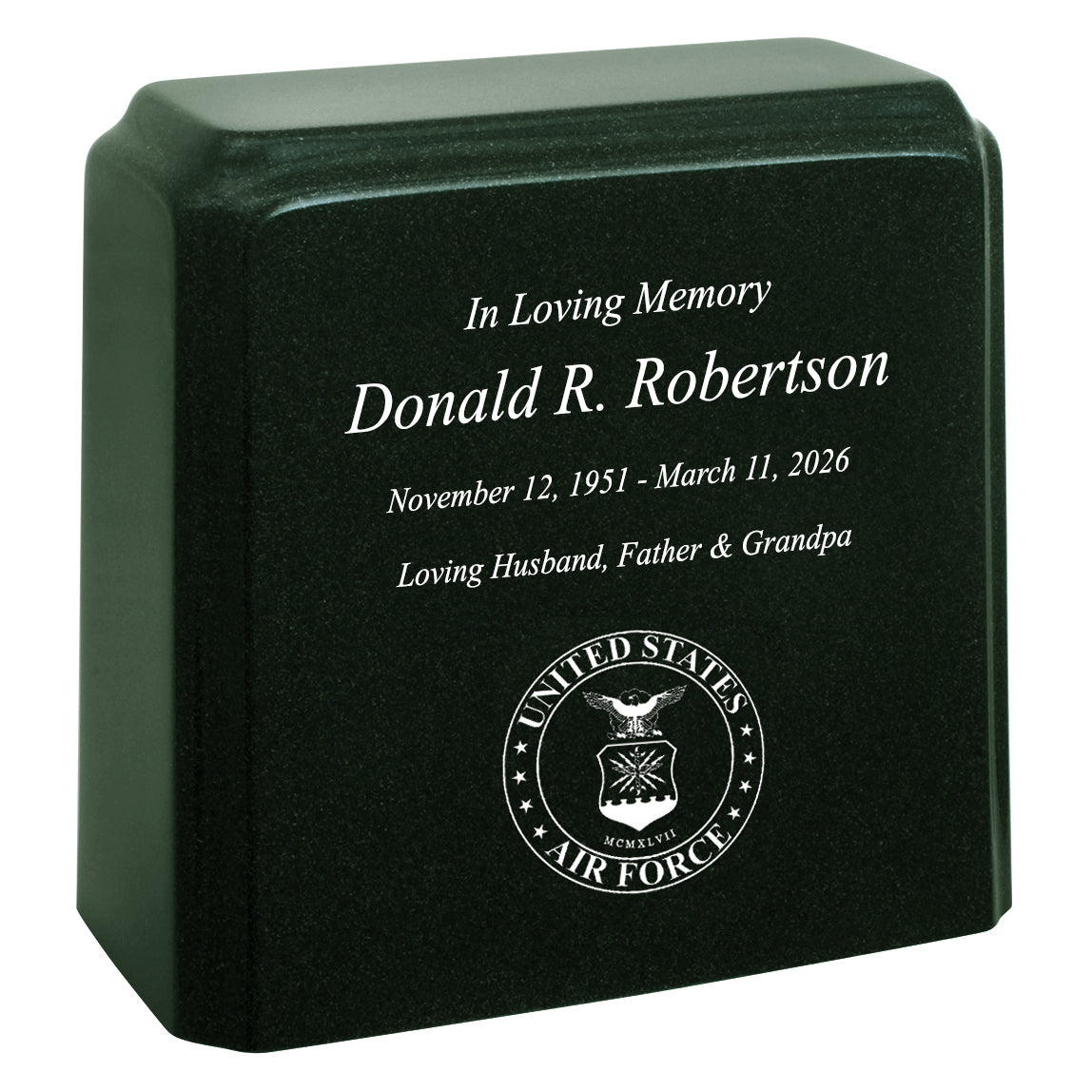 United States Air Force Cultured Marble Niche Cremation Urn - 12 Color Choices - Vault Option