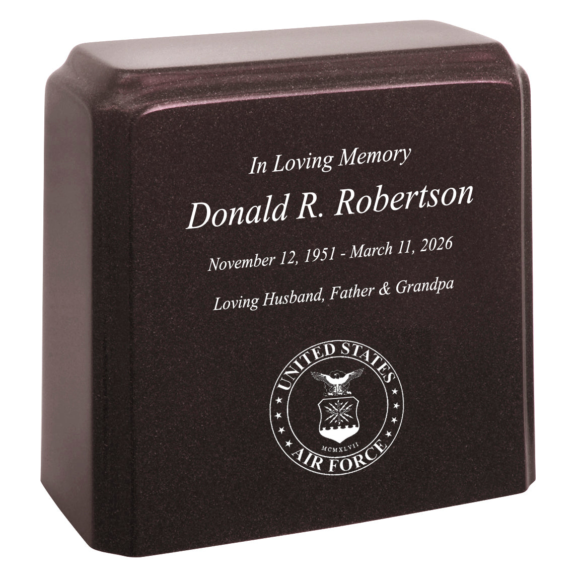 United States Air Force Cultured Marble Niche Cremation Urn - 12 Color Choices - Vault Option