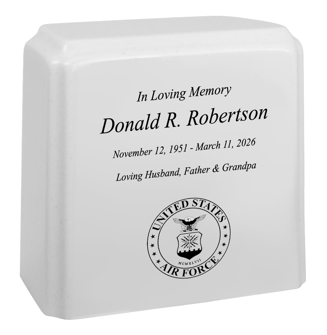 United States Air Force Cultured Marble Niche Cremation Urn - 12 Color Choices - Vault Option