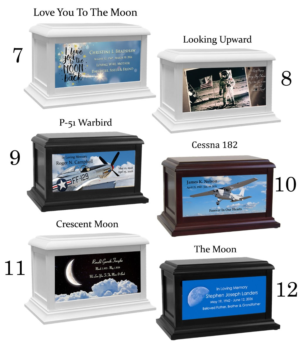 Airplane, Jets, Moon & Space Adult or Medium Wood Keep The Memory® Cremation Urn 