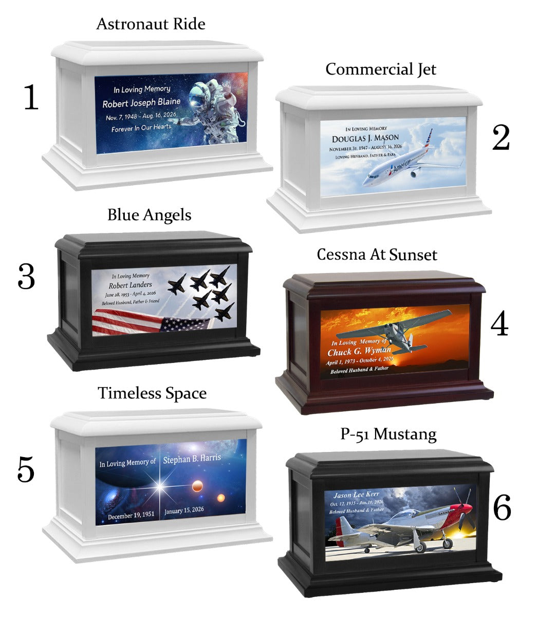Airplane, Jets, Moon & Space Adult or Medium Wood Keep The Memory® Cremation Urn 