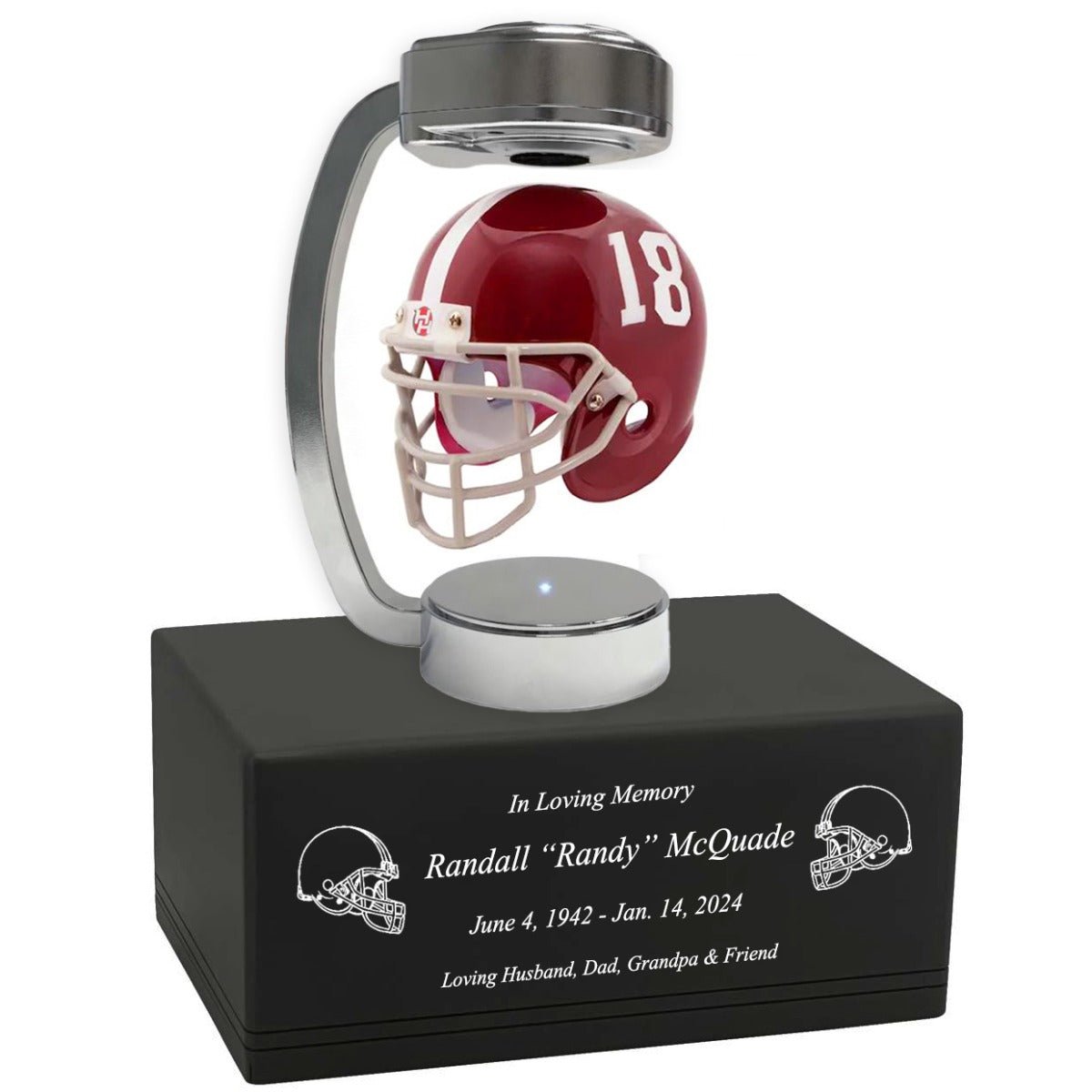 Football Adult or Medium Cremation Urn & University of Alabama 18 Hover Helmet Décor - Free Engraving