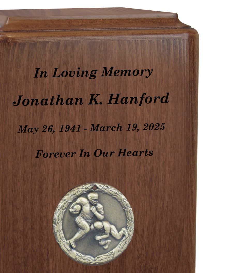 Football Player Medallion Keepsake or Adult Wood Urn - Free Laser Engraving