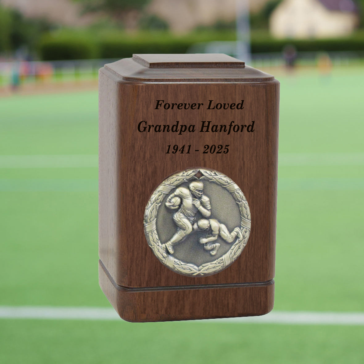 Football Player Medallion Keepsake or Adult Wood Urn - Free Laser Engraving