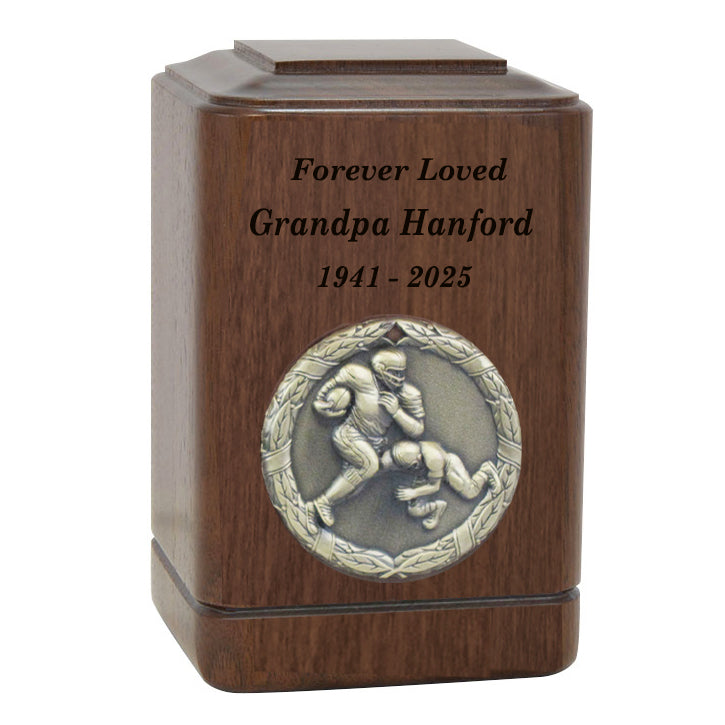 Football Player Medallion Keepsake or Adult Wood Urn - Free Laser Engraving