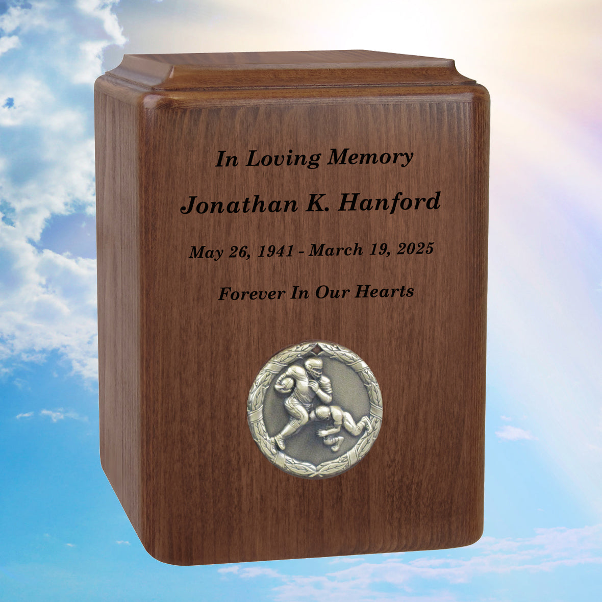 Football Player Medallion Keepsake or Adult Wood Urn - Free Laser Engraving