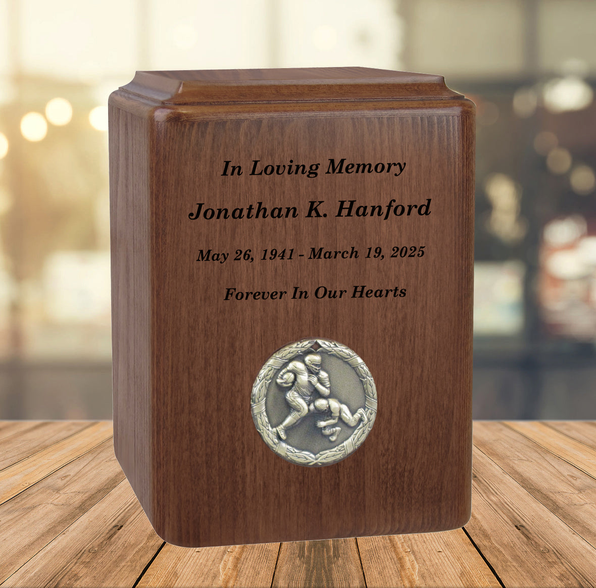 Football Player Medallion Keepsake or Adult Wood Urn - Free Laser Engraving