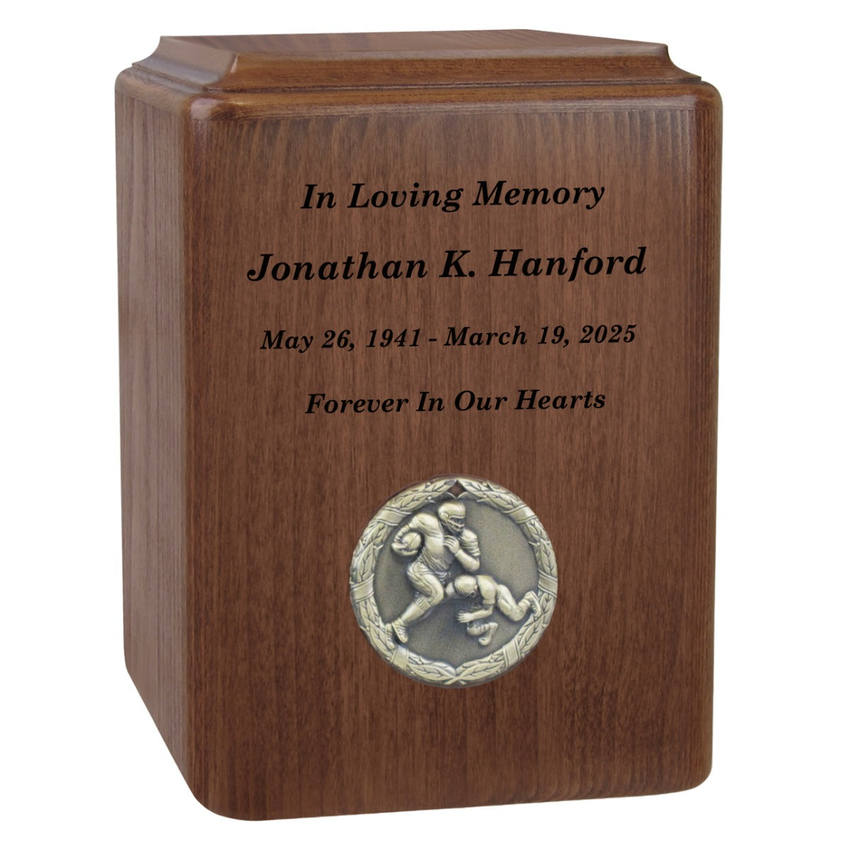 Football Player Medallion Keepsake or Adult Wood Urn - Free Laser Engraving