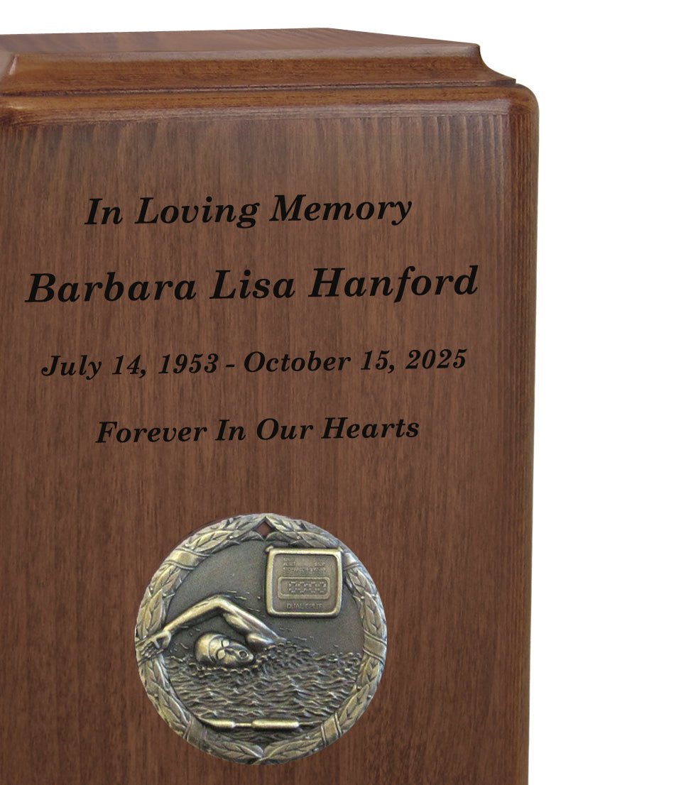 Swimmer Medallion Keepsake or Adult Wood Urn - Free Laser Engraving