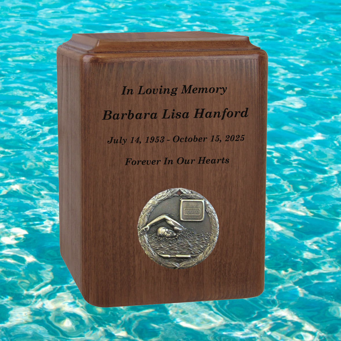 Swimmer Medallion Keepsake or Adult Wood Urn - Free Laser Engraving