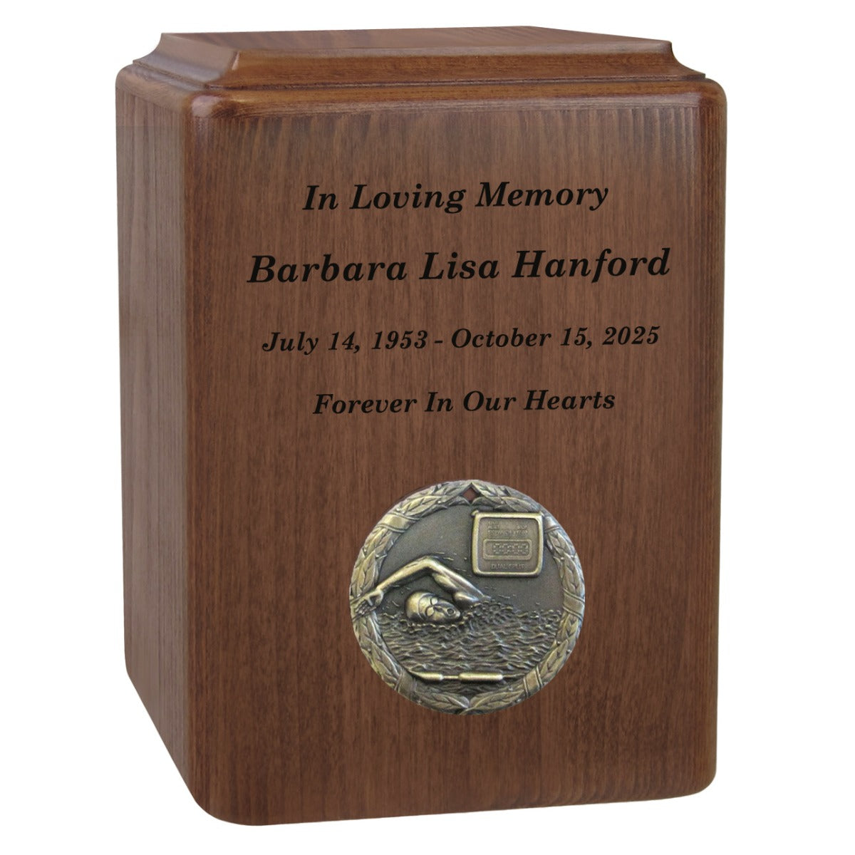 Swimmer Medallion Keepsake or Adult Wood Urn - Free Laser Engraving