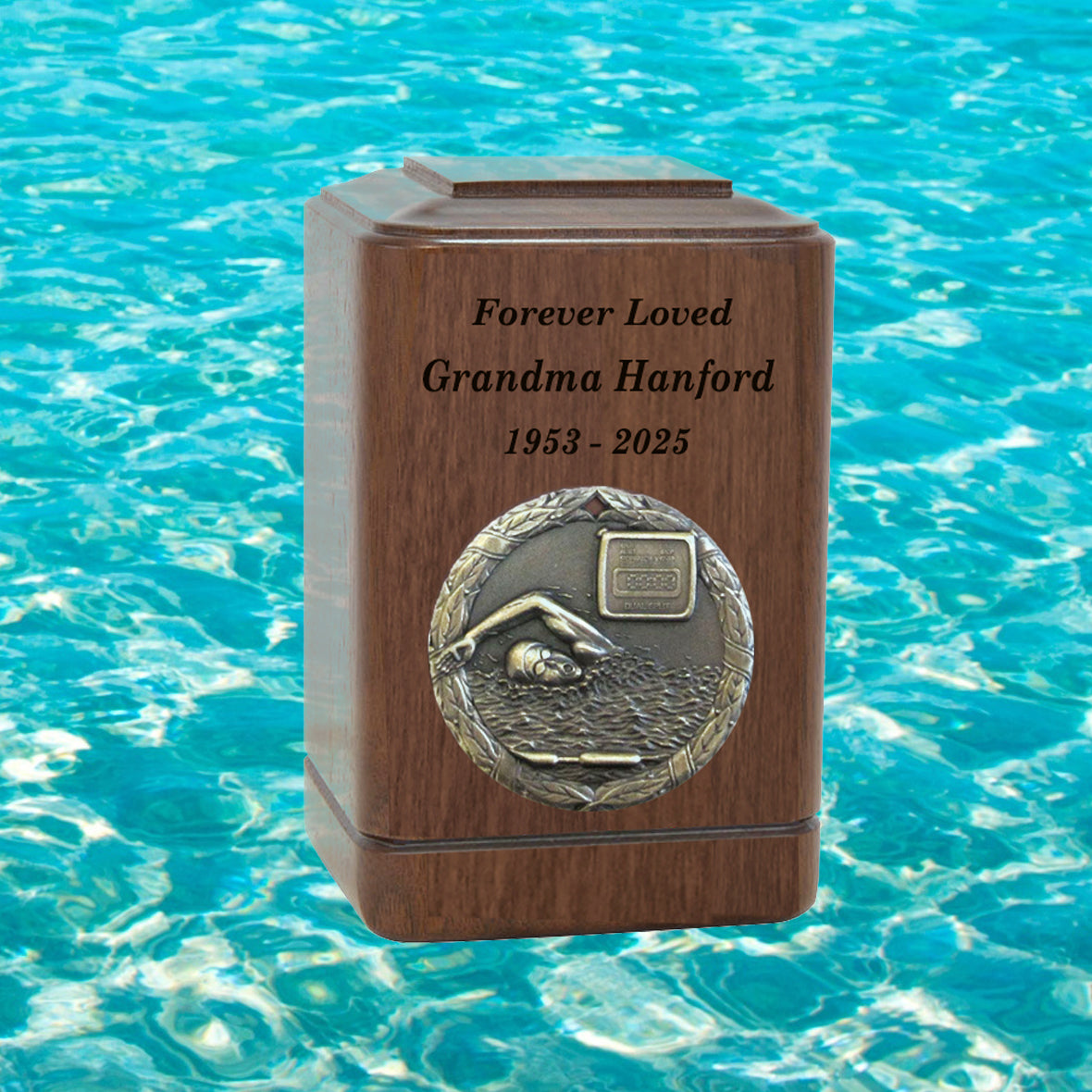 Swimmer Medallion Keepsake or Adult Wood Urn - Free Laser Engraving