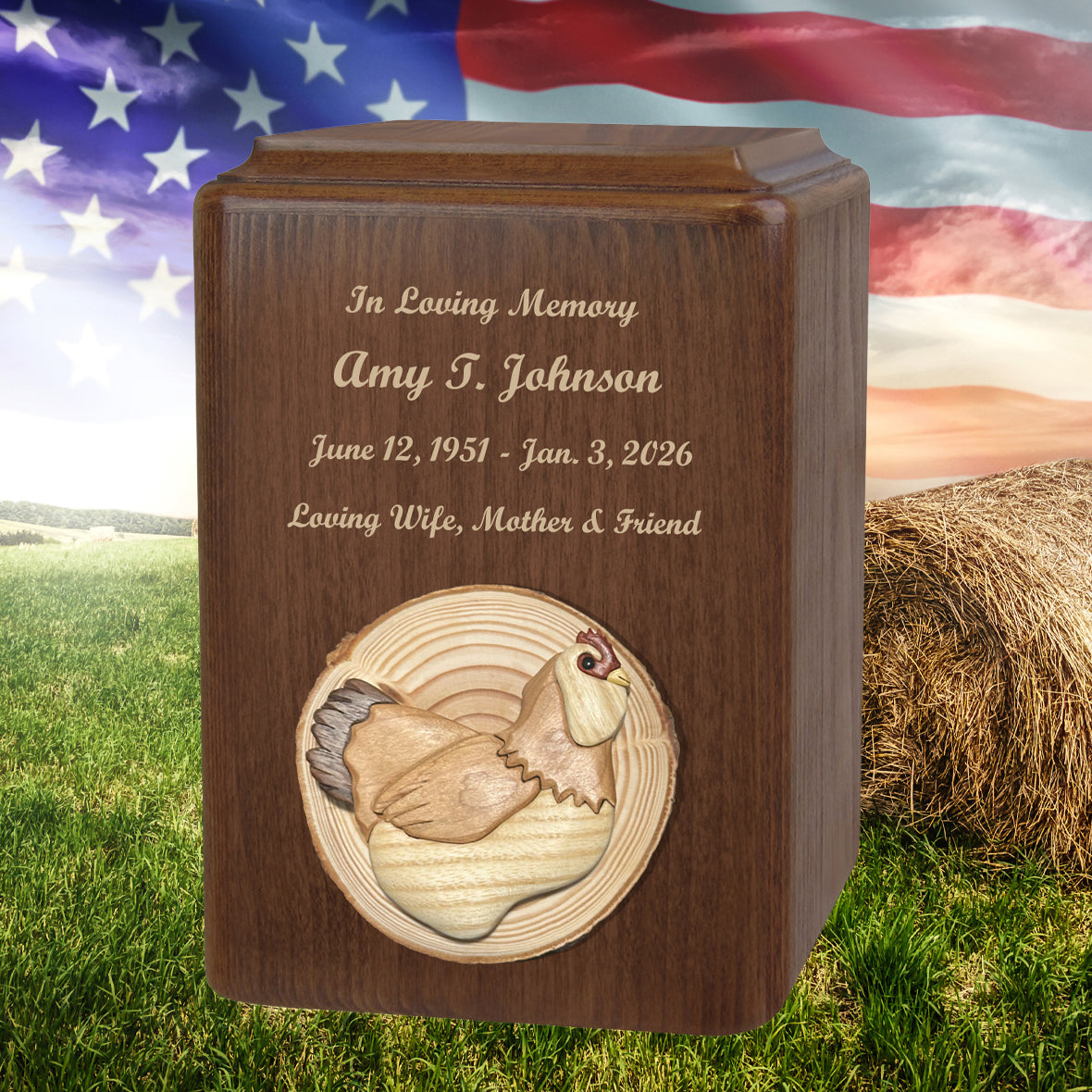 Animal Alder Wood Intarsia Handmade Adult Urns - Chickadee, Goose, Pony, Cow, Rooster, Chicken & Whale