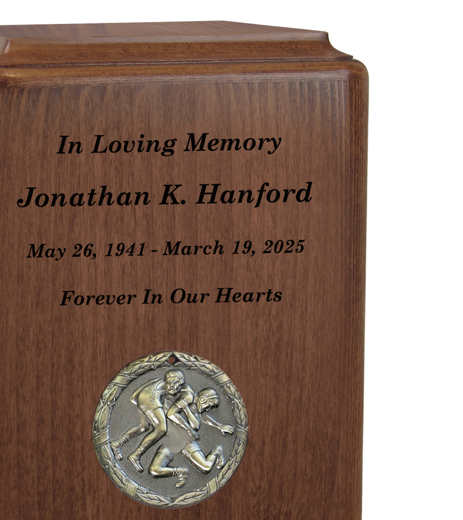 Wrestling Medallion Keepsake or Adult Wood Urn - Free Laser Engraving