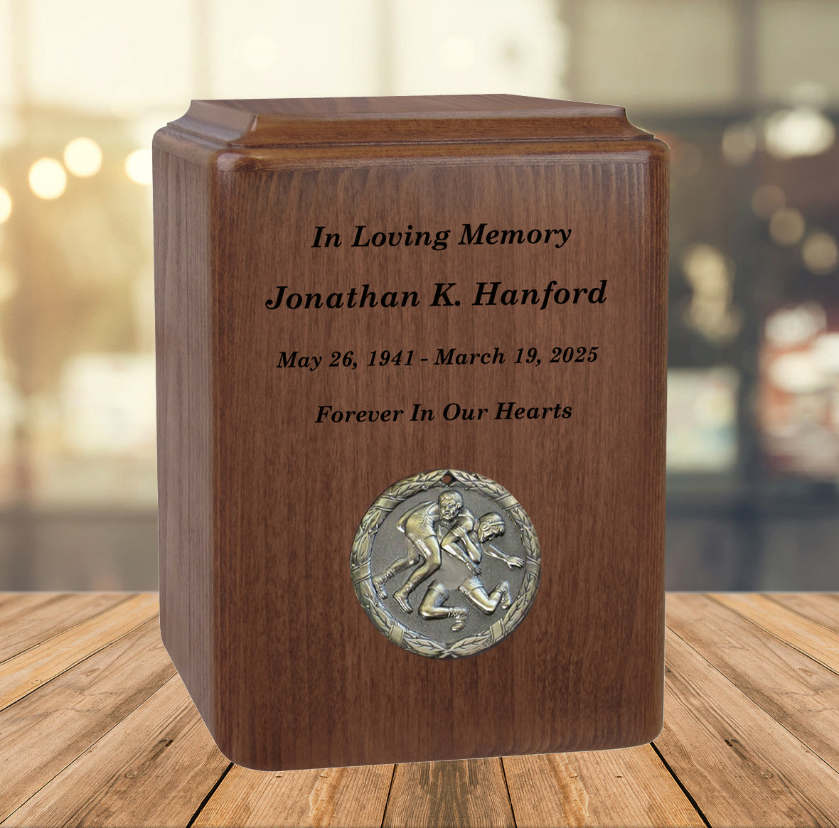 Wrestling Medallion Keepsake or Adult Wood Urn - Free Laser Engraving