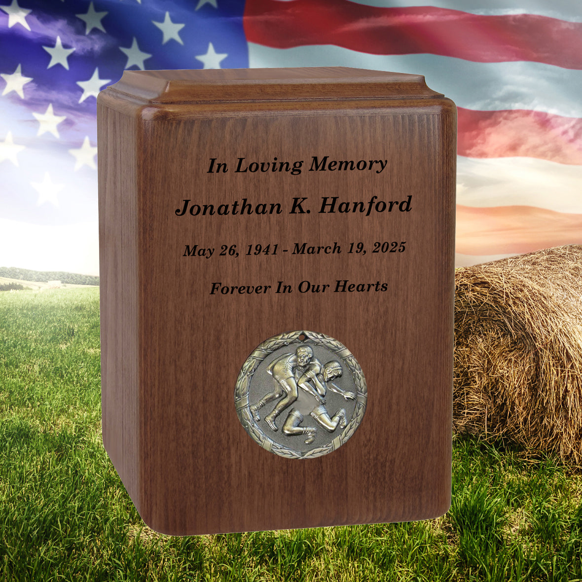 Wrestling Medallion Keepsake or Adult Wood Urn - Free Laser Engraving