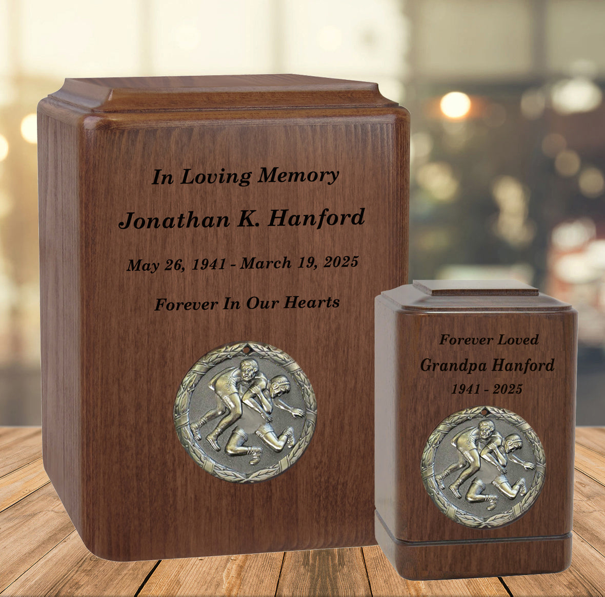 Wrestling Medallion Keepsake or Adult Wood Urn - Free Laser Engraving