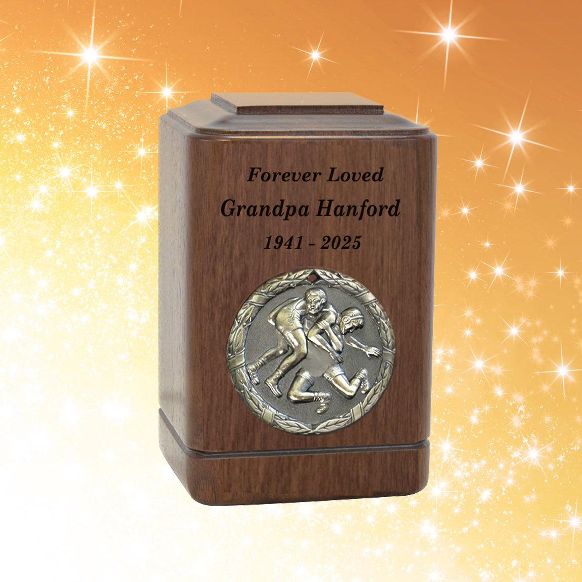 Wrestling Medallion Keepsake or Adult Wood Urn - Free Laser Engraving