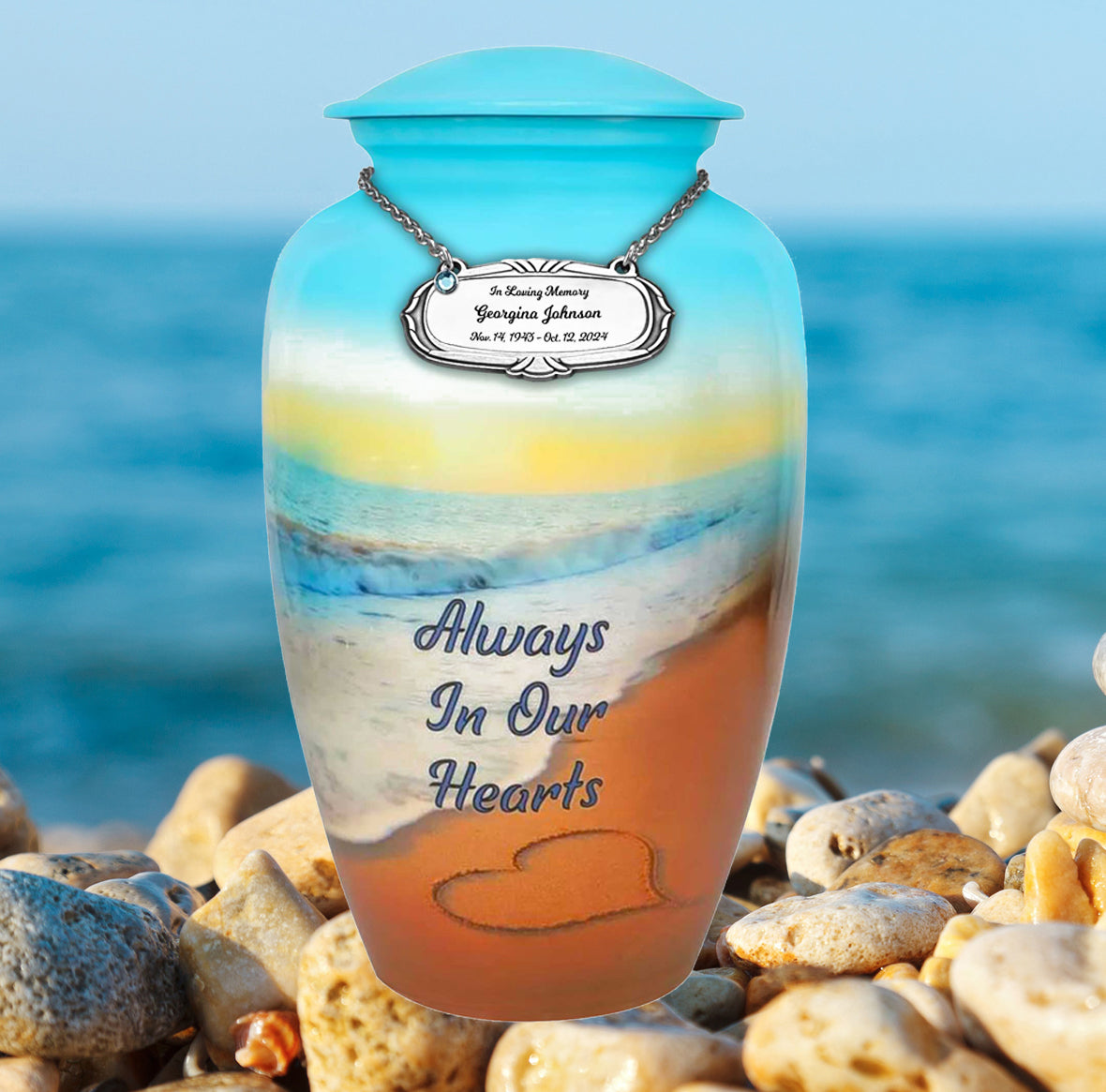Always In Our Hearts Beach Medium or Adult Urn - Tribute Wreath™ - Pro Personalization - Burial Vault Option