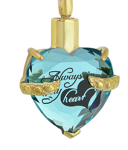 Always Aqua Crystal Heart Gold Ash Jewelry Urn - Love Charms® Option 