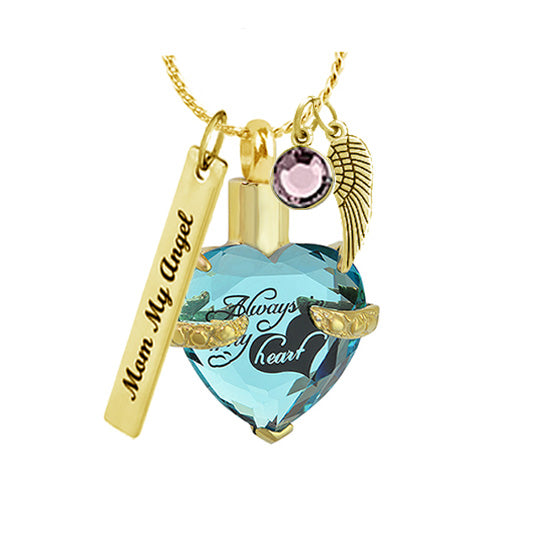 Always Aqua Crystal Heart Gold Ash Jewelry Urn - Love Charms® Option 