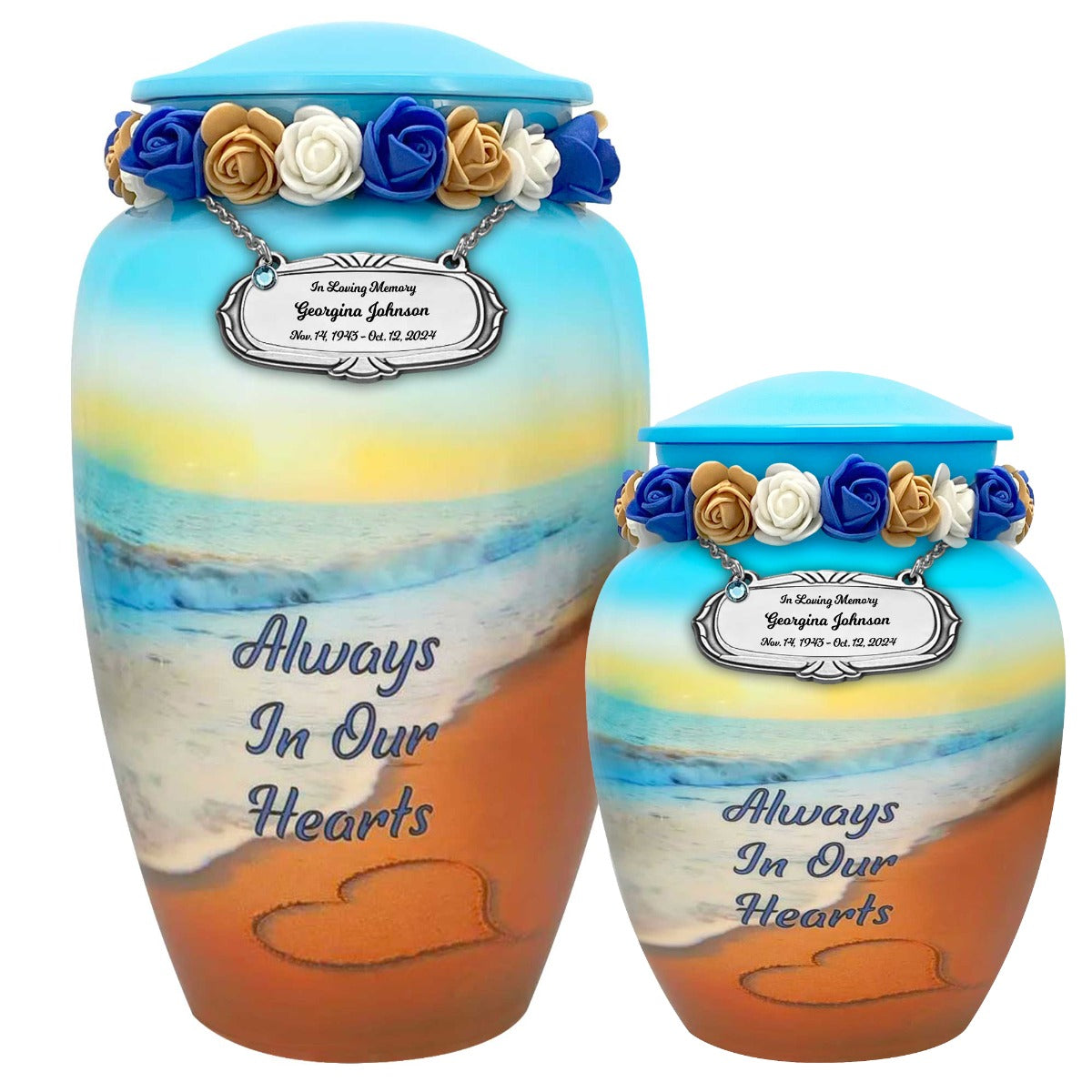 Always In Our Hearts Beach Medium or Adult Urn - Tribute Wreath™ - Pro Personalization - Burial Vault Option