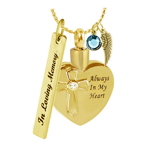 Crystal Cross Gold Heart Always Ash Urn - Love Charms™ Option