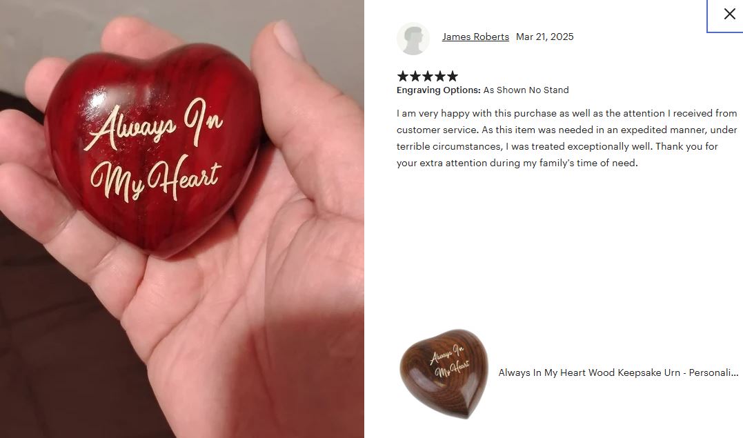 Always In My Heart Wood Keepsake Cremation Urn - Engraving Option