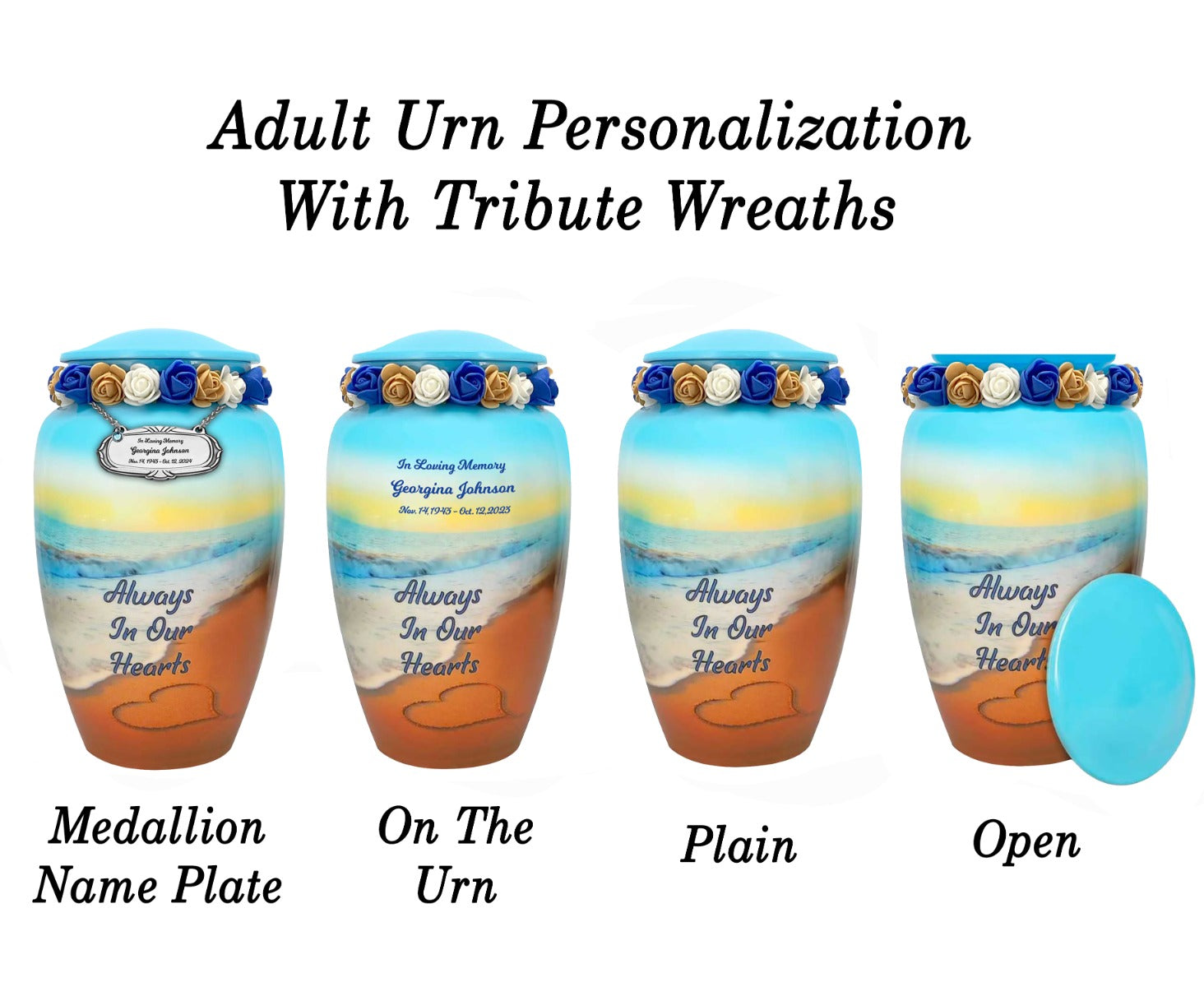 Always In Our Hearts Beach Medium or Adult Urn - Tribute Wreath™ - Pro Personalization - Burial Vault Option