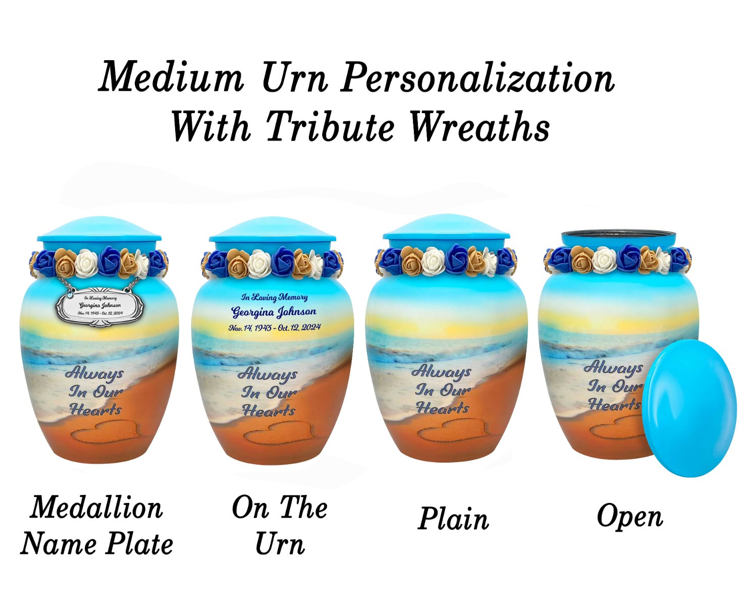 Always In Our Hearts Beach Medium or Adult Urn - Tribute Wreath™ - Pro Personalization - Burial Vault Option