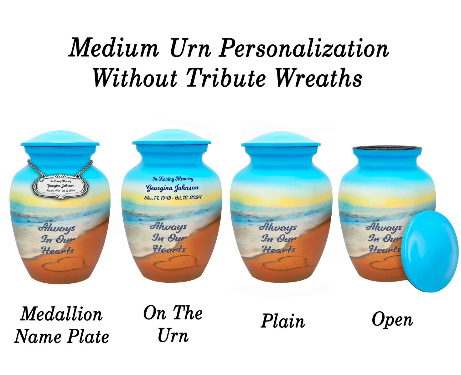 Always In Our Hearts Beach Medium or Adult Urn - Tribute Wreath™ - Pro Personalization - Burial Vault Option