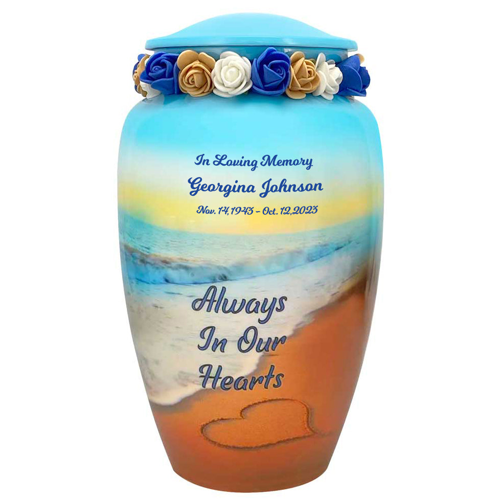 Always In Our Hearts Beach Medium or Adult Urn - Tribute Wreath™ Option - Pro Sand Carved Engraving