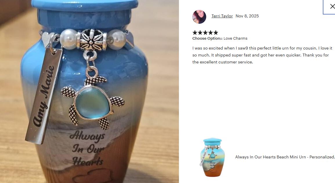 Always In Our Hearts Beach Mini Urn - Love Charms® Option