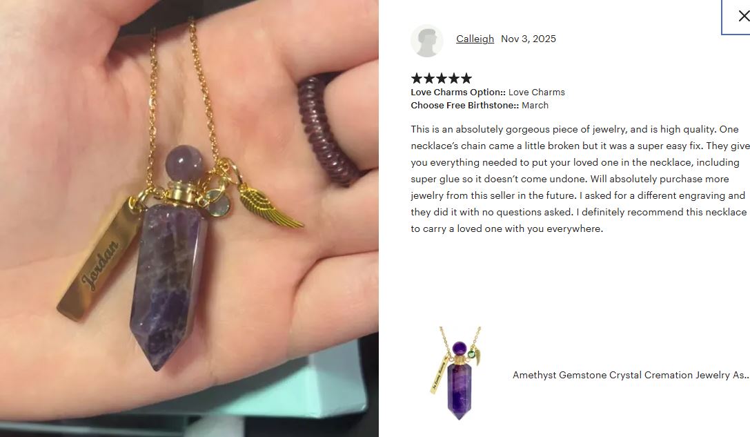 Amethyst Gemstone Crystal Cremation Jewelry Ash Necklace Urn - Love Charms® Option