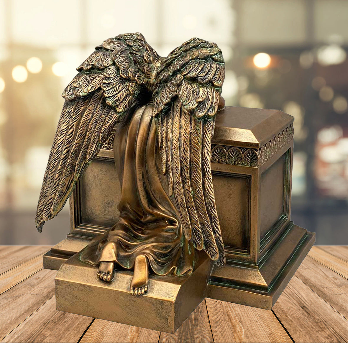 Weeping Angel Photo Pet Cremation Urn - Custom Wings & Silver Engraving - Beautiful Mourning Angel