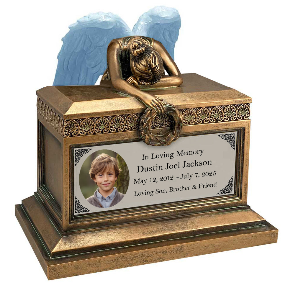 Weeping Angel Photo Child Cremation Urn - Custom Wings & Silver Engraving - Beautiful Mourning Angel