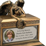 Weeping Angel Photo Child Cremation Urn - Custom Wings & Silver Engraving - Beautiful Mourning Angel