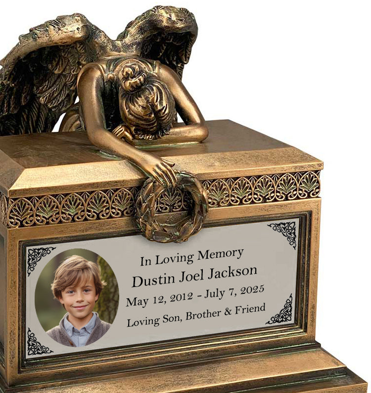Weeping Angel Photo Child Cremation Urn - Custom Wings & Silver Engraving - Beautiful Mourning Angel