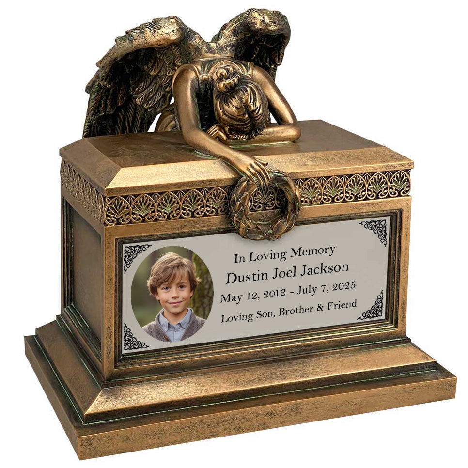 Weeping Angel Photo Child Cremation Urn - Custom Wings & Silver Engraving - Beautiful Mourning Angel