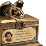 Weeping Angel Photo Child Cremation Urn - Custom Wings & Gold Engraving - Beautiful Mourning Angel