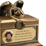 Weeping Angel Photo Child Cremation Urn - Custom Wings & Gold Engraving - Beautiful Mourning Angel