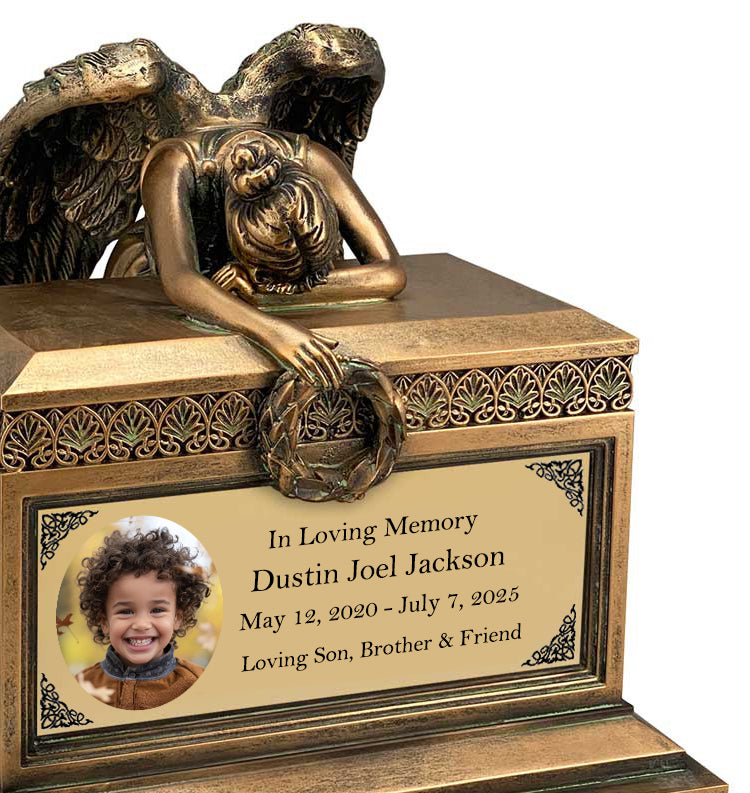 Weeping Angel Photo Child Cremation Urn - Custom Wings & Gold Engraving - Beautiful Mourning Angel