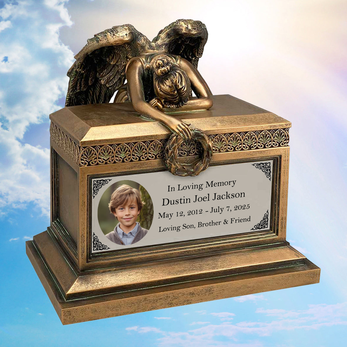 Weeping Angel Photo Child Cremation Urn - Custom Wings & Silver Engraving - Beautiful Mourning Angel