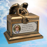 Weeping Angel Photo Child Cremation Urn - Custom Wings & Silver Engraving - Beautiful Mourning Angel