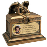 Weeping Angel Photo Child Cremation Urn - Custom Wings & Gold Engraving - Beautiful Mourning Angel