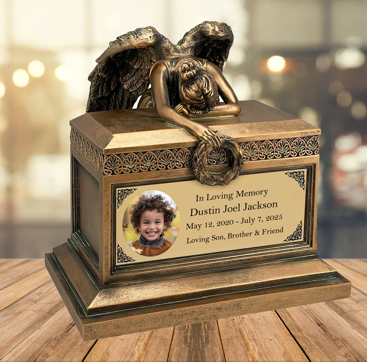 Weeping Angel Photo Child Cremation Urn - Custom Wings & Gold Engraving - Beautiful Mourning Angel