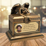 Weeping Angel Photo Child Cremation Urn - Custom Wings & Gold Engraving - Beautiful Mourning Angel