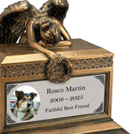 Weeping Angel Photo Pet Cremation Urn - Custom Wings & Silver Engraving - Beautiful Mourning Angel