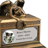 Weeping Angel Photo Pet Cremation Urn - Custom Wings & Silver Engraving - Beautiful Mourning Angel
